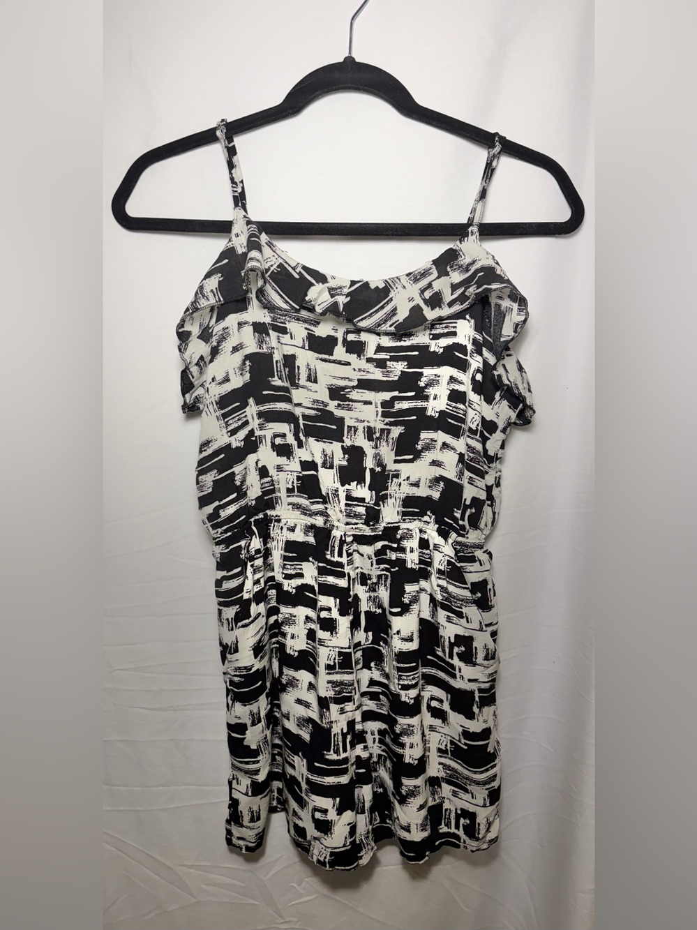 Black & White Abstract Print Cold-Shoulder Romper